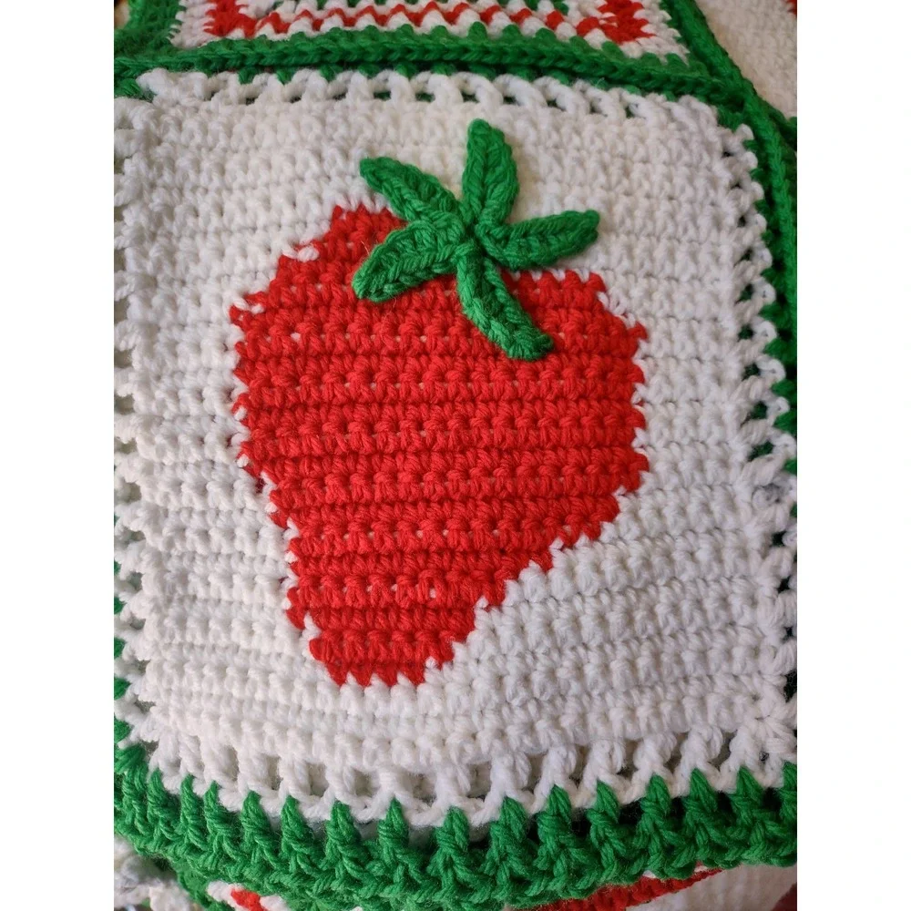 Handmade Crochet Strawberry Granny Square Blanket 46x70 Afghan Throw Grannycore